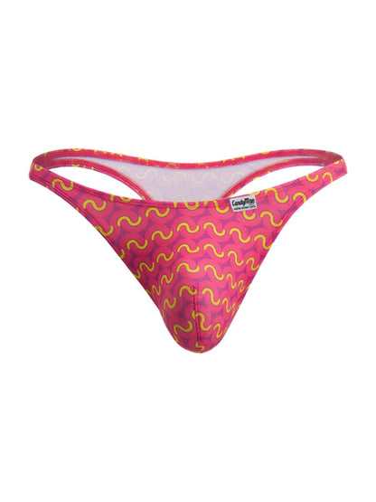 A vibrant fuchsia CandyMan 99924 thong with bold yellow wavy pattern featuring the brand label