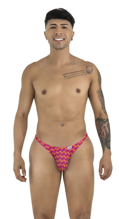 A vibrant pink and red patterned thong with wavy design from Candyman 99924 thongs color printed fuchsia collection