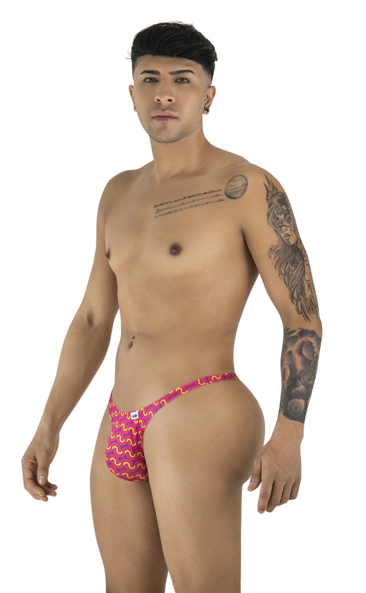 CandyMan 99924 thong in fuchsia with vibrant pink and orange wavy pattern and a snug fit shown from the back side