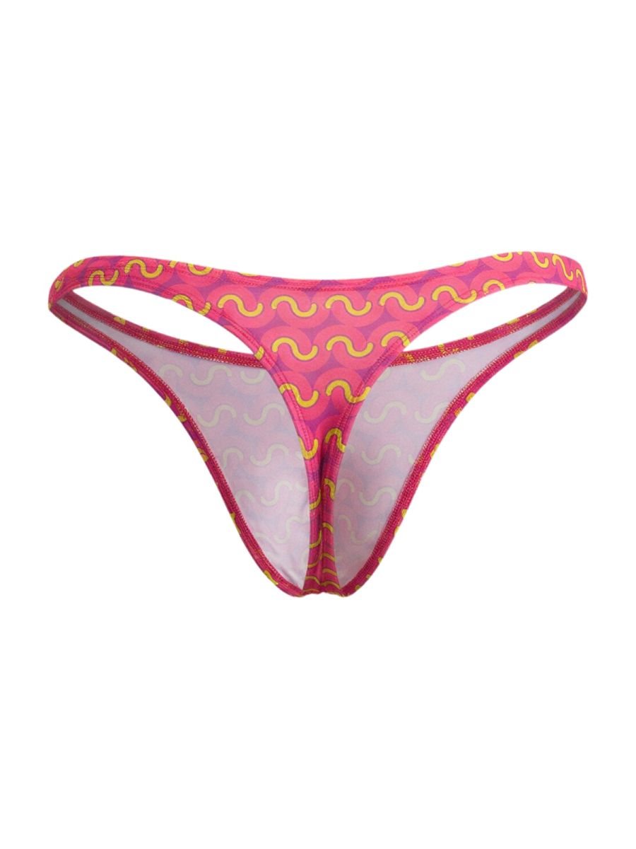 A vibrant pink CandyMan 99924 thong with bold yellow wavy pattern and sheer mesh lining front view