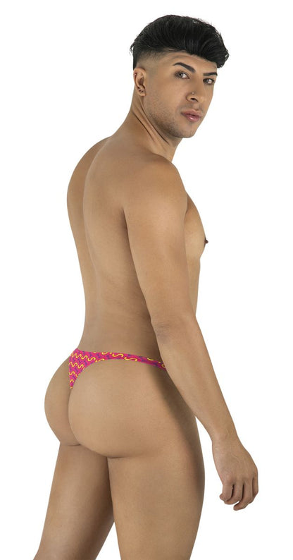 Vibrant pink thong with bold yellow zigzag pattern from candyman 99924 thongs color printed fuchsia collection