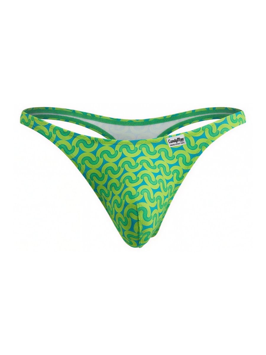Vibrant lime green and teal printed candyMan 99924 thong with bold swirling pattern perfect for stylish wear