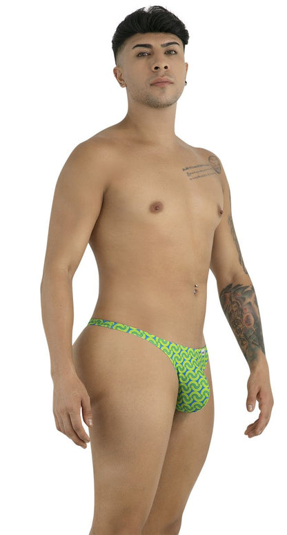 Bright green candy man 99924 thong featuring bold zigzag pattern in printed fabric front view