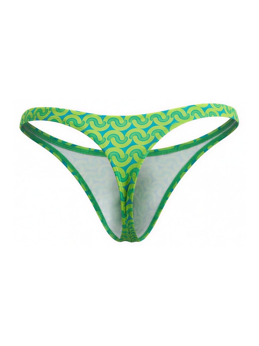 Vibrant green and teal patterned thong with bold wavy design candyMan 99924 thongs color printed green