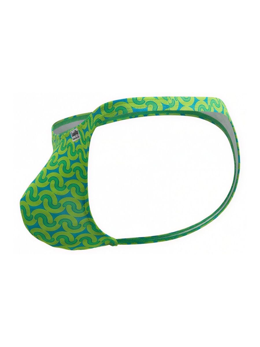 Vibrant green and teal patterned swim trunks with bold swirling design candy man 99924 thongs color printed green