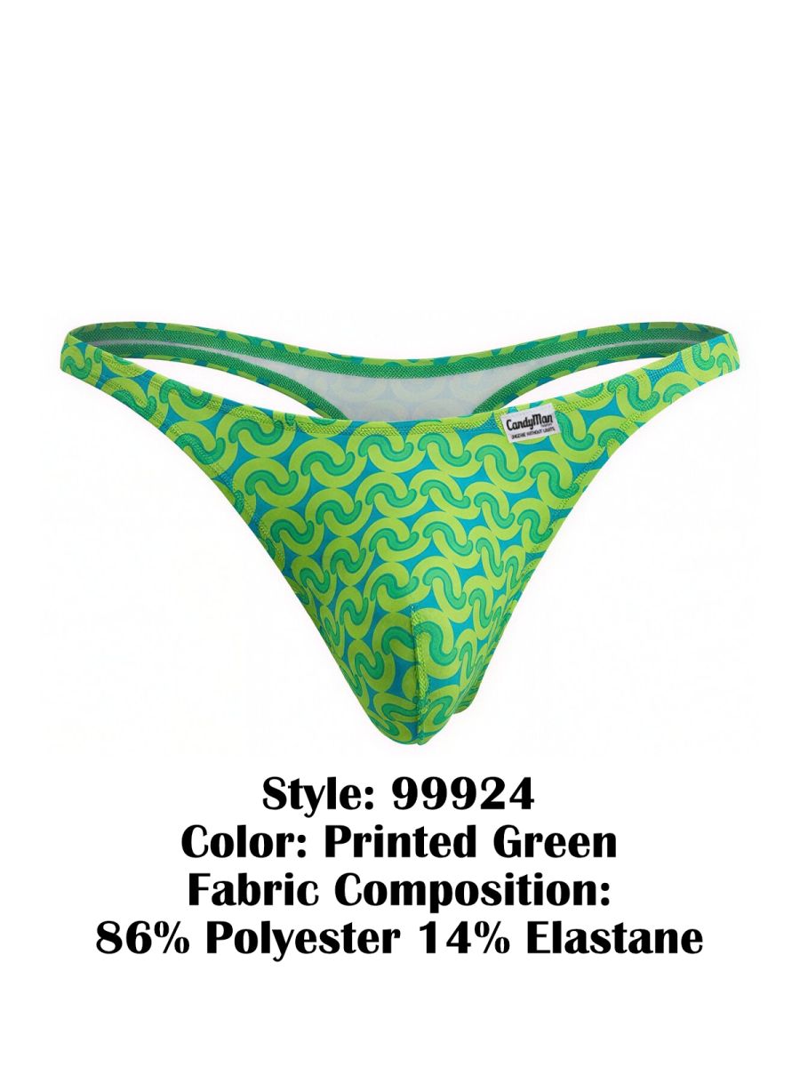 CandyMan 99924 vibrant printed green thong with swirling pattern made of 86% polyester 14% elastane