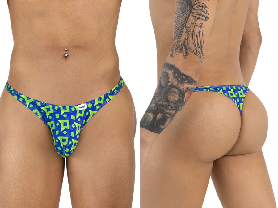 CandyMan 99924 thong with blue and neon green geometric print and a small white brand tag on navy fabric