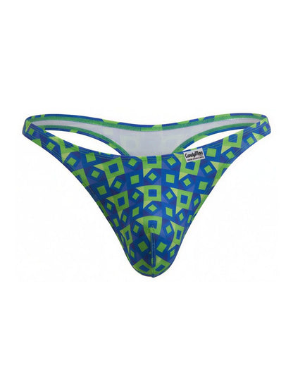 Blue and lime green geometric-patterned thong by candyman in navy color printed design for stylish comfort and support