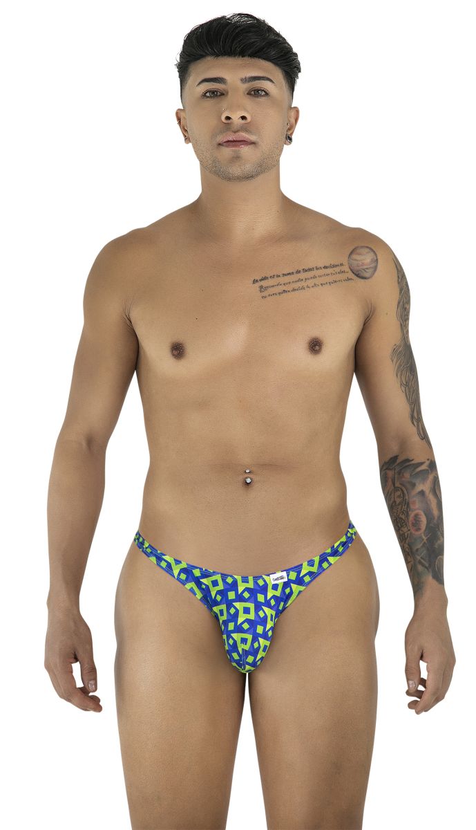 Men’s thong candyMan 99924 in blue and neon green with bold geometric print for comfortable stylish wear