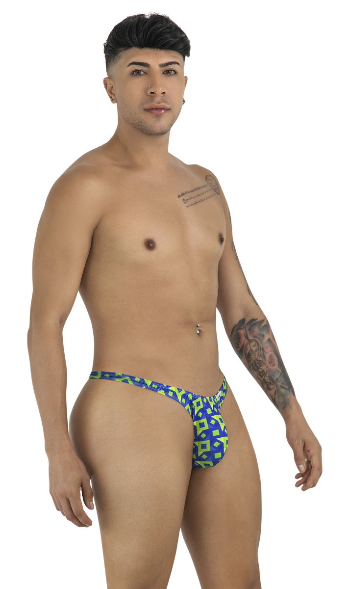 Candyman 99924 thongs color printed navy men’s briefs in blue and neon green geometric pattern front view