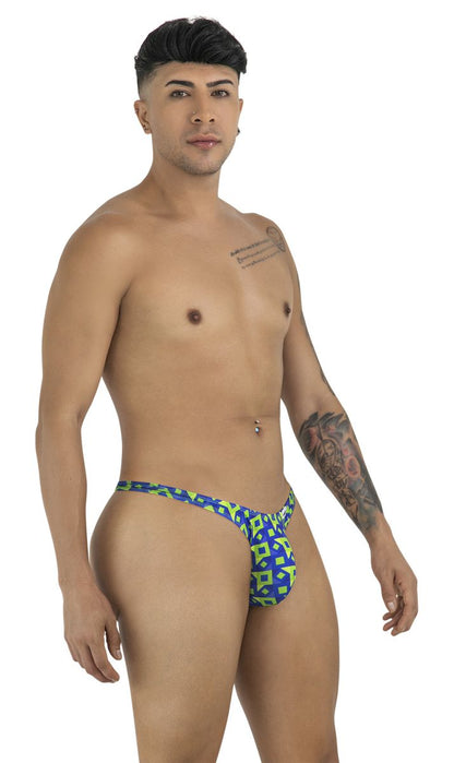 Candyman 99924 thongs color printed navy men’s briefs in blue and neon green geometric pattern front view