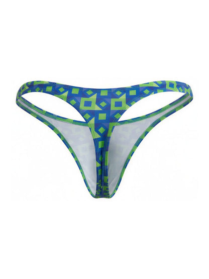 Candyman 99924 thong in blue and lime green geometric pattern with white interior lining for comfortable wear