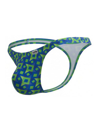 CandyMan 99924 men’s thong in blue and neon green geometric pattern with white inner lining, front view