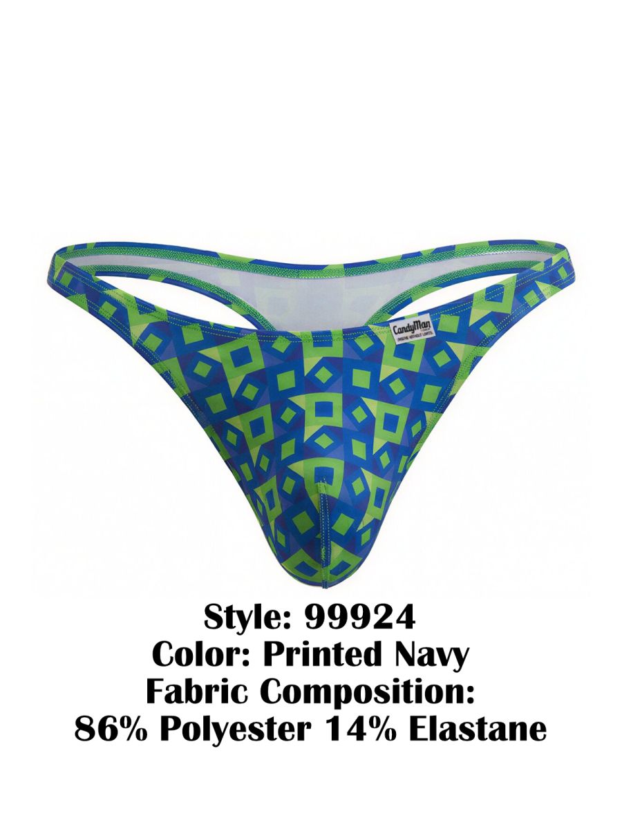 CandyMan 99924 thong in blue and lime green geometric pattern made from 86 polyester 14 elastane showing back side