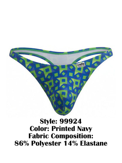 CandyMan 99924 thong in blue and lime green geometric pattern made from 86 polyester 14 elastane showing back side