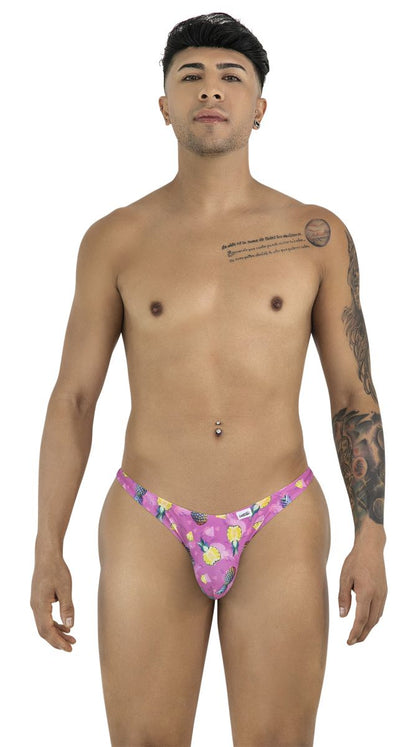 Pink tropical pineapple-patterned thong candyMan 99924 in printed fabric shown from the back side