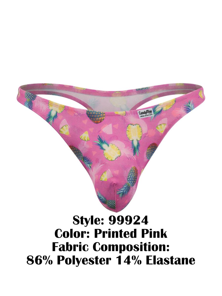 CandyMan 99924 thong in pink with tropical pineapple and feather print made of 86 polyester and 14 elastane
