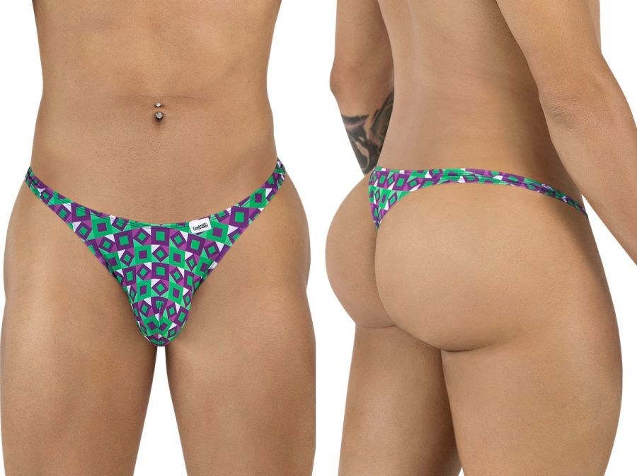 Vibrant green and purple geometric patterned thong with white brand tag from candyman 99924 color printed purple collection