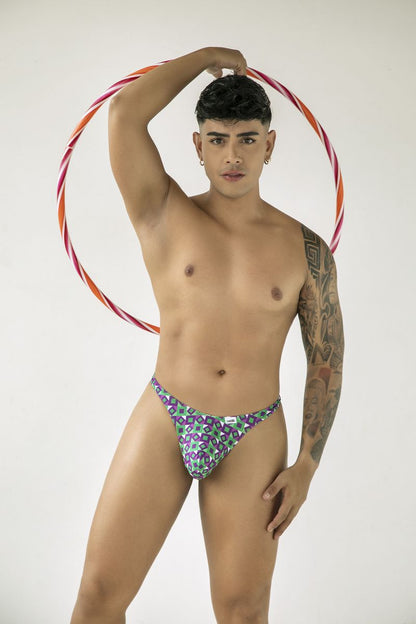 CandyMan 99924 thongs purple briefs with green pattern and small white logo on the front made from soft fabric