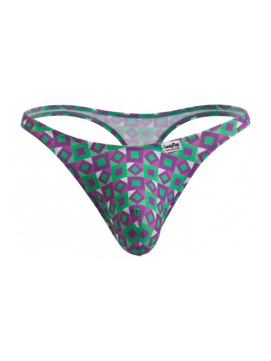 Purple and green geometric patterned candyman 99924 thong showing the back side for comfortable daily wear