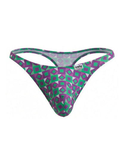 Purple and green geometric patterned candyman 99924 thong showing the back side for comfortable daily wear