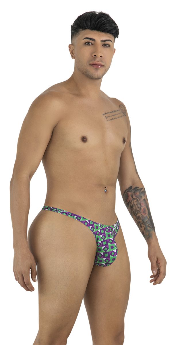 Purple and green geometric patterned thong with snug form fitting design from candyman 99924 thongs color printed purple