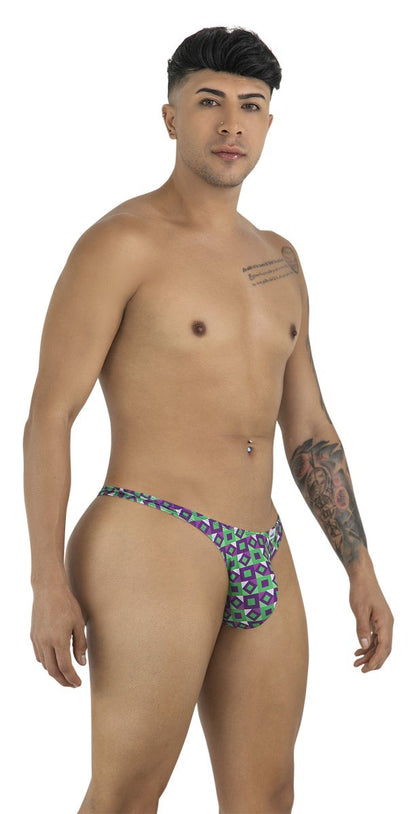 Purple and green geometric patterned thong with snug form fitting design from candyman 99924 thongs color printed purple