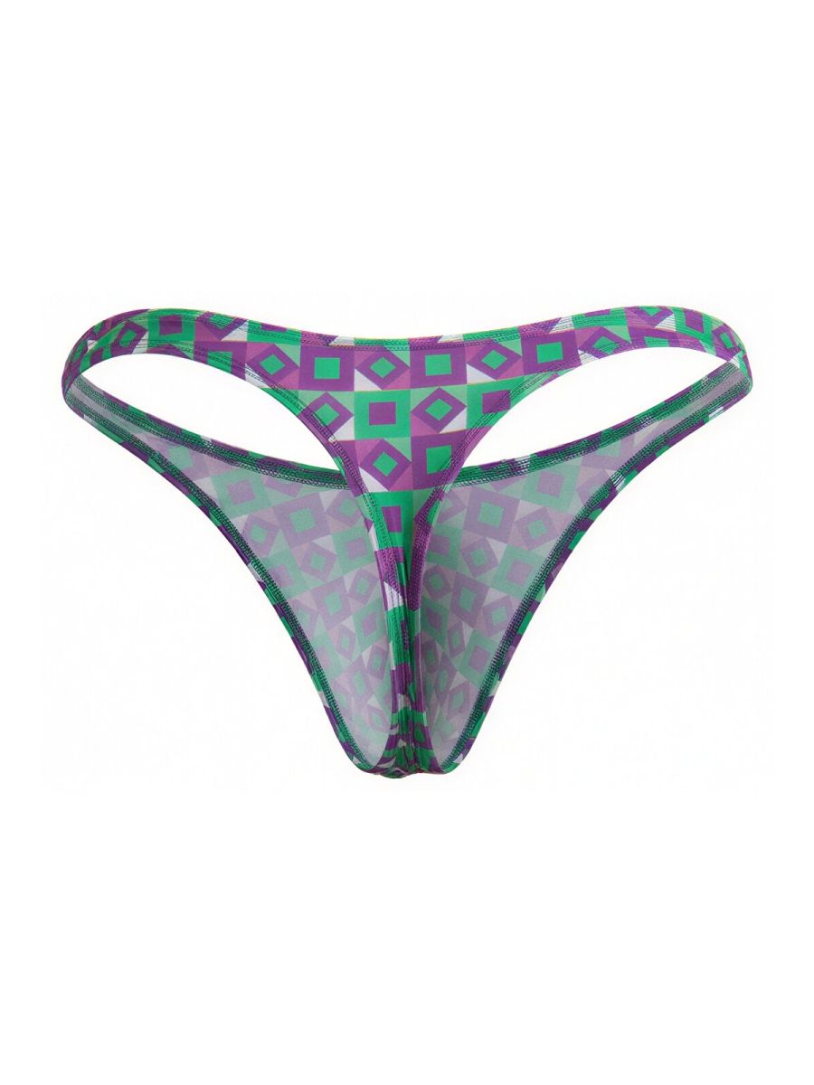 Purple and green geometric-patterned sheer thong with mesh fabric candyMan 99924 thongs color printed purple front view