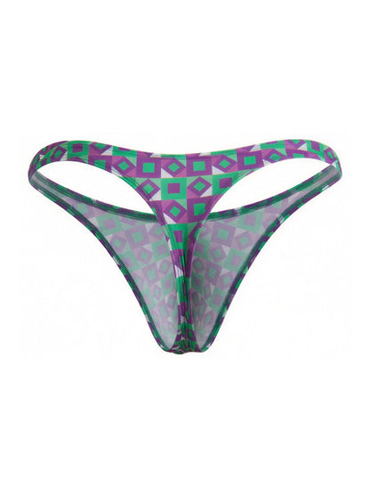 Purple and green geometric-patterned sheer thong with mesh fabric candyMan 99924 thongs color printed purple front view