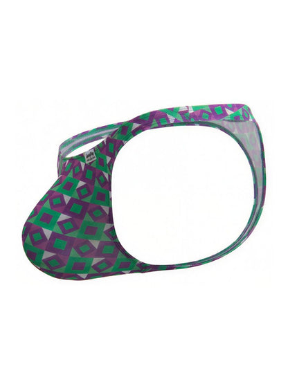 CandyMan 99924 thongs color printed purple men’s briefs with purple and green geometric mesh pattern