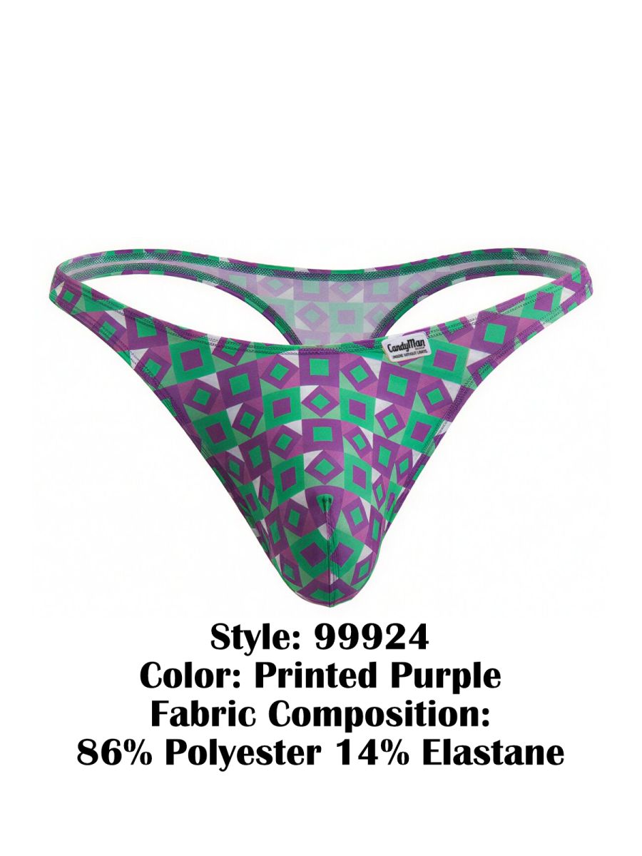 Purple and green geometric patterned thong from CandyMan made of 86 polyester and 14 elastane for comfortable wear