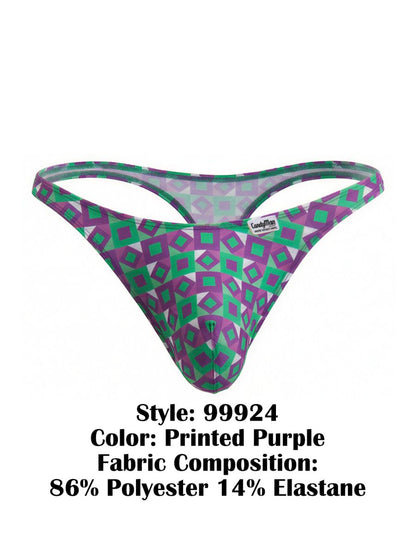 Purple and green geometric patterned thong from CandyMan made of 86 polyester and 14 elastane for comfortable wear