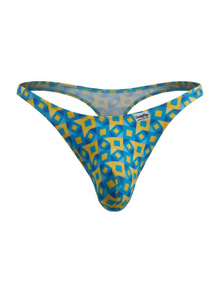 Blue and yellow geometric patterned CandyMan 99924 thong with turquoise print and transparent mesh back showing brand label