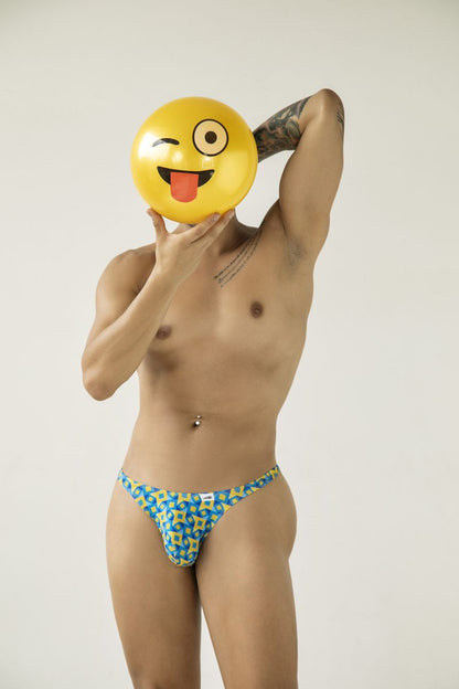Candinay 99924 men’s briefs with blue and yellow geometric printed pattern in turquoise color