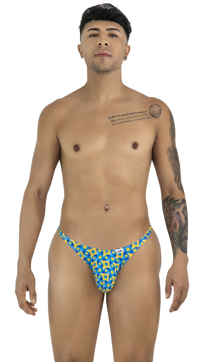 CandyMan 99924 turquoise printed men’s briefs with a blue and yellow geometric pattern