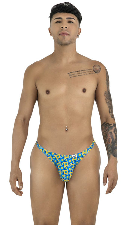 CandyMan 99924 turquoise printed men’s briefs with a blue and yellow geometric pattern