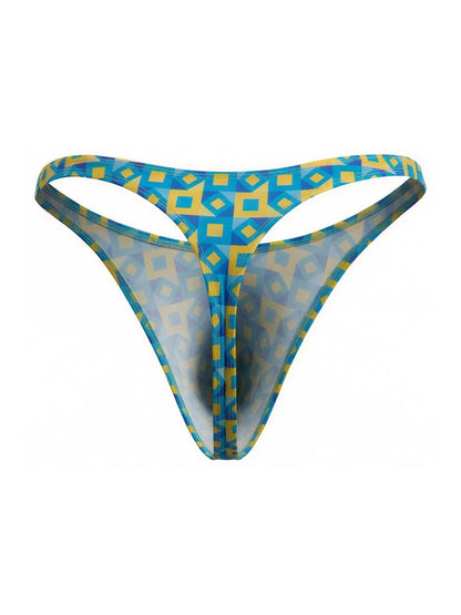 CandyMan 99924 thong in blue and yellow geometric print with sheer translucent turquoise fabric front view
