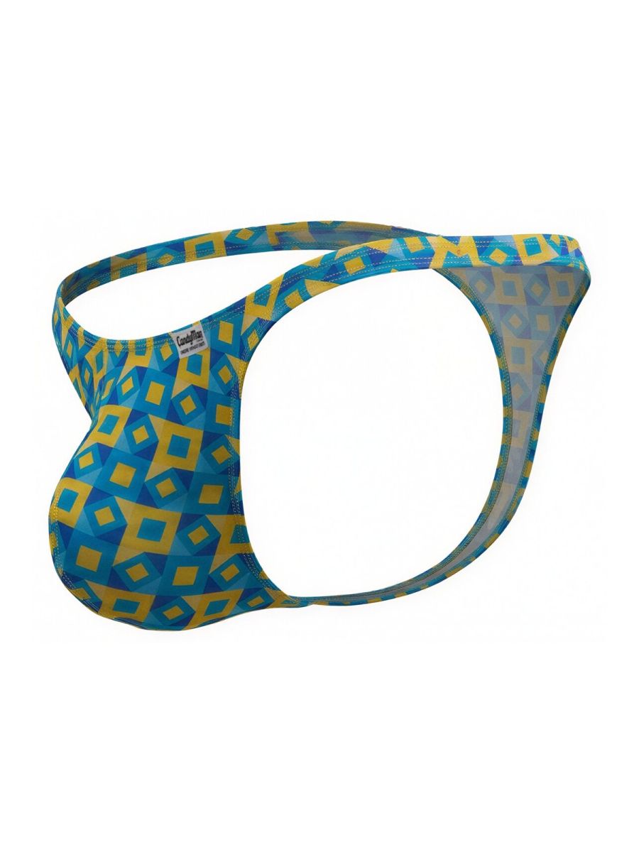 CandyMan 99924 men’s turquoise thong with blue and yellow geometric pattern and snug form-fitting design