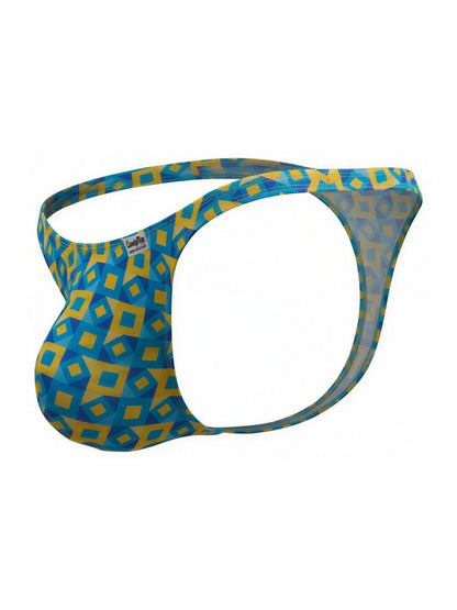 CandyMan 99924 men’s turquoise thong with blue and yellow geometric pattern and snug form-fitting design