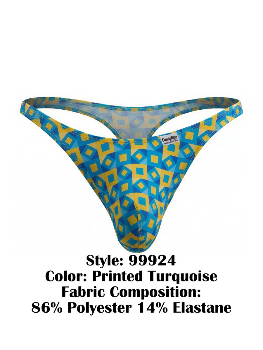 Candyman 99924 men’s thong in blue and yellow geometric print featuring a turquoise color printed design