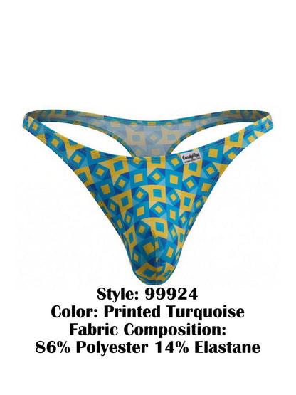 Candyman 99924 men’s thong in blue and yellow geometric print featuring a turquoise color printed design