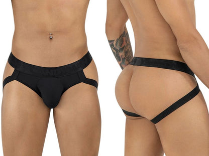 Black candyman 99925 jockstrap with sleek form-fitting briefs, wide waistband, and side straps showing back view