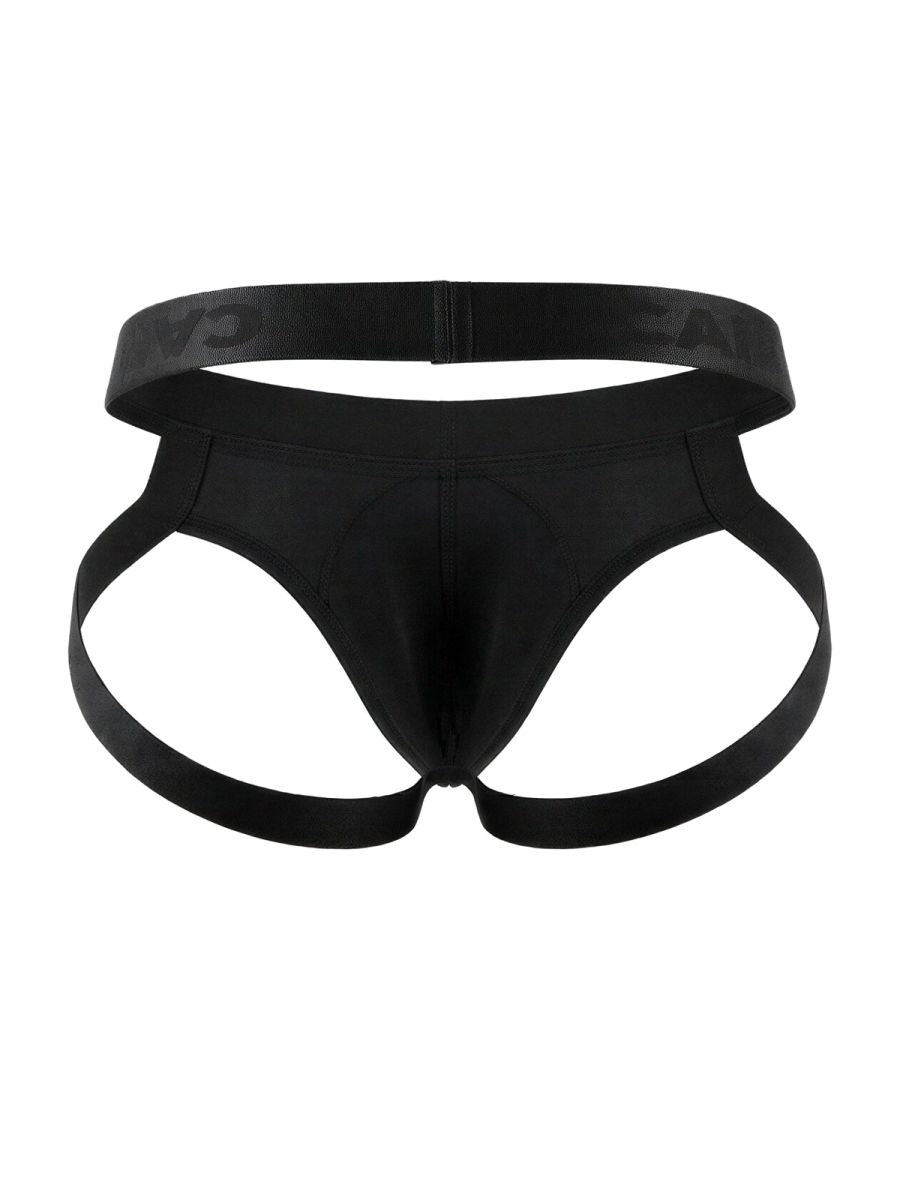 Black satin-like CandyMan 99925 jockstrap briefs with wide elastic waistband and supportive side straps in black