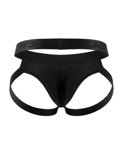 Black satin-like CandyMan 99925 jockstrap briefs with wide elastic waistband and supportive side straps in black