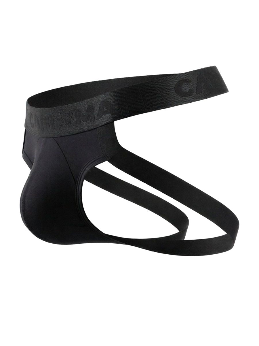 Black candyMan 99925 jockstrap briefs with contoured design and embossed carnma elastic waistband