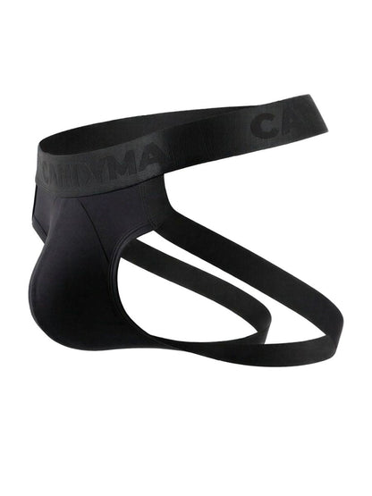 Black candyMan 99925 jockstrap briefs with contoured design and embossed carnma elastic waistband