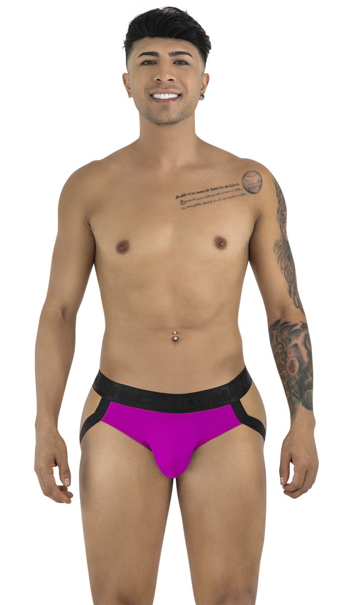 Vibrant magenta candyMan 99925 jockstrap briefs with bold black waistband and side straps for comfortable support
