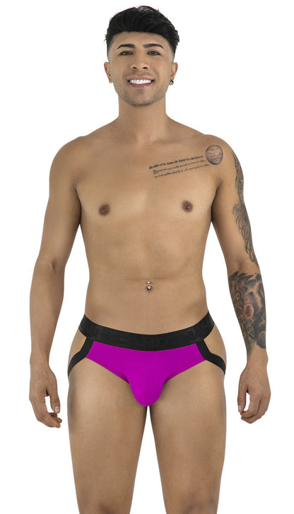 Vibrant magenta candyMan 99925 jockstrap briefs with bold black waistband and side straps for comfortable support