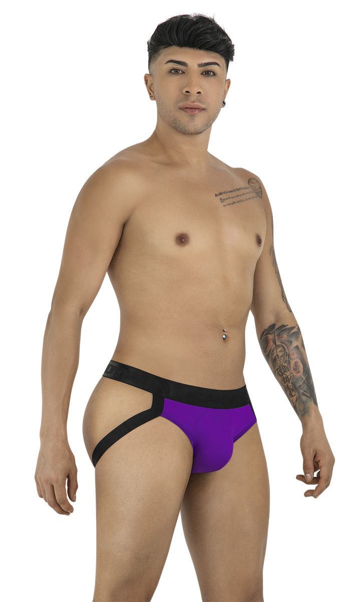 Purple and black CandyMan 99925 jockstrap briefs with a bold modern design in color orchid