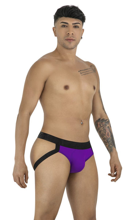 Purple and black CandyMan 99925 jockstrap briefs with a bold modern design in color orchid